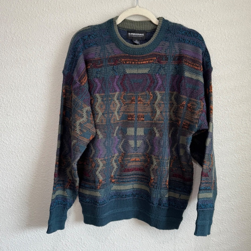 VTG‎ Expressions International Mens Large Geometric Knit Sweater Multicolor 90s